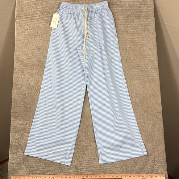 DONNI. Pants - DONNI Blue White Striped Poplin Pants Wide Leg Cotton Rope Drawstring S